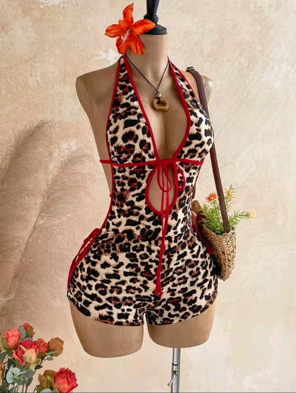 Women's Vintage Leopard Print Halter Neck Dress Jumpsuit Romper Set